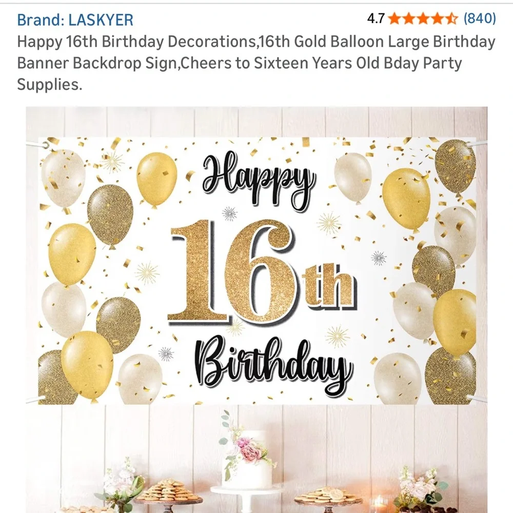 Happy 16th Birthday Backdrop Banner - Gold and White